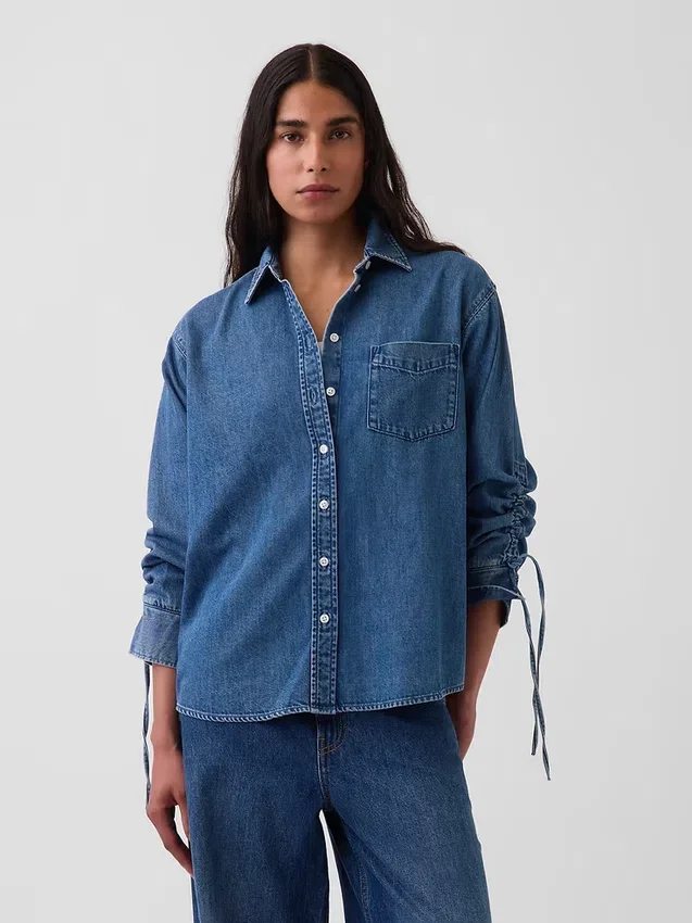 Ultrasoft Denim Oversized Ruched-Sleeve Shirt