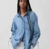 Ultrasoft Denim Oversized Ruched-Sleeve Shirt