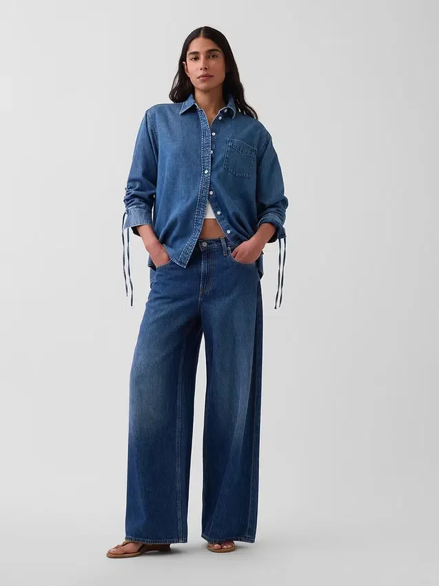 Ultrasoft Denim Oversized Ruched-Sleeve Shirt