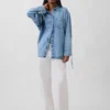 Ultrasoft Denim Oversized Ruched-Sleeve Shirt