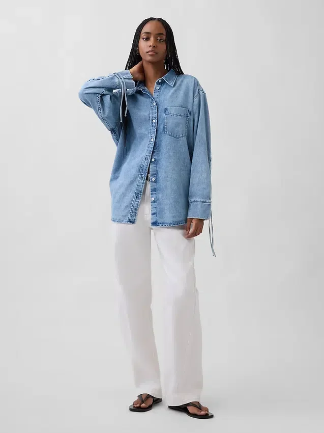 Ultrasoft Denim Oversized Ruched-Sleeve Shirt