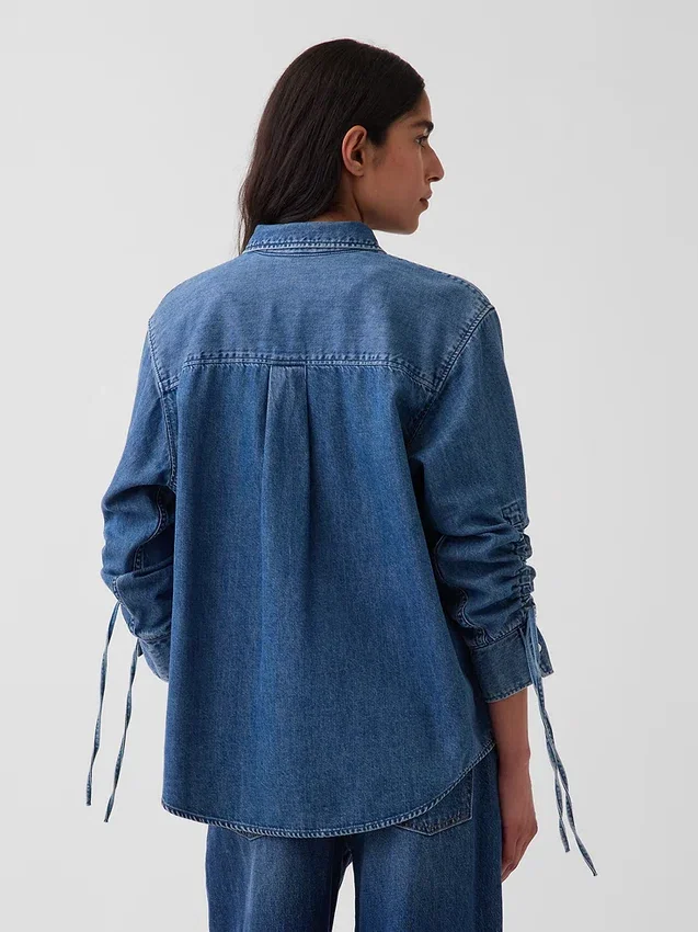 Ultrasoft Denim Oversized Ruched-Sleeve Shirt