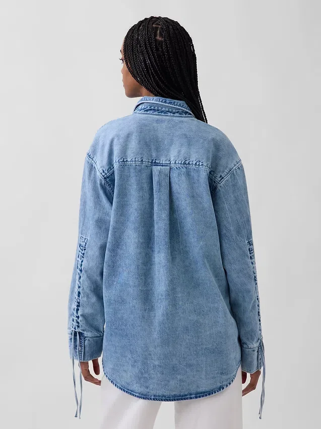 Ultrasoft Denim Oversized Ruched-Sleeve Shirt