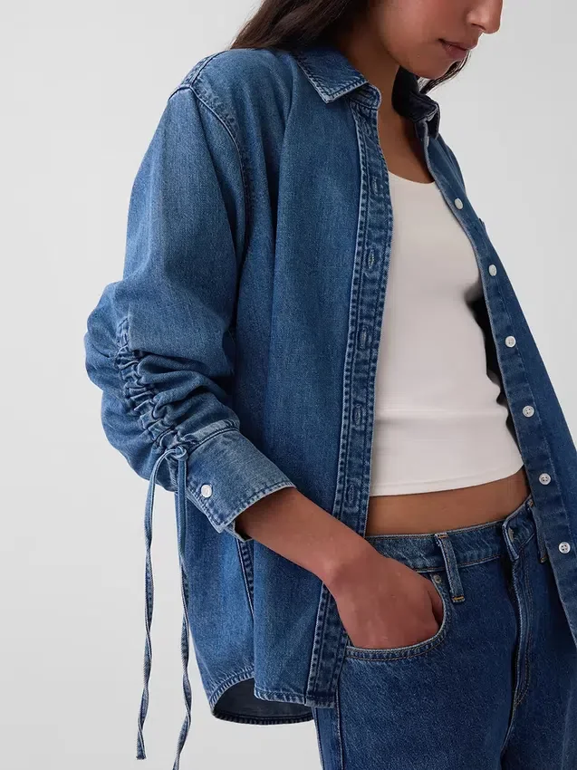 Ultrasoft Denim Oversized Ruched-Sleeve Shirt