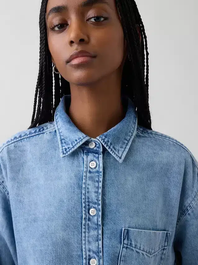 Ultrasoft Denim Oversized Ruched-Sleeve Shirt