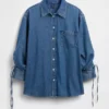 Ultrasoft Denim Oversized Ruched-Sleeve Shirt