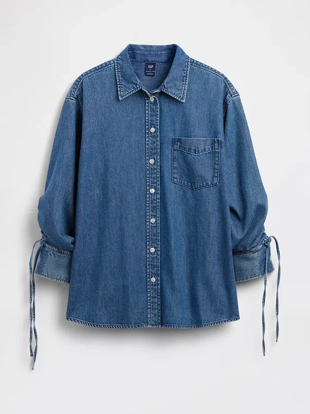 Ultrasoft Denim Oversized Ruched-Sleeve Shirt
