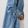 Ultrasoft Denim Oversized Ruched-Sleeve Shirt
