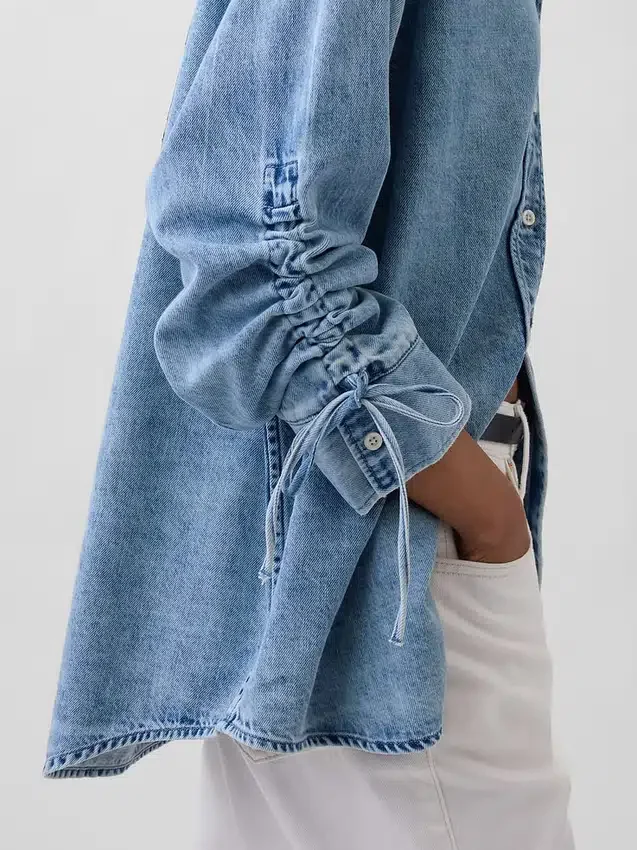 Ultrasoft Denim Oversized Ruched-Sleeve Shirt