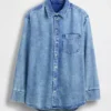 Ultrasoft Denim Oversized Ruched-Sleeve Shirt