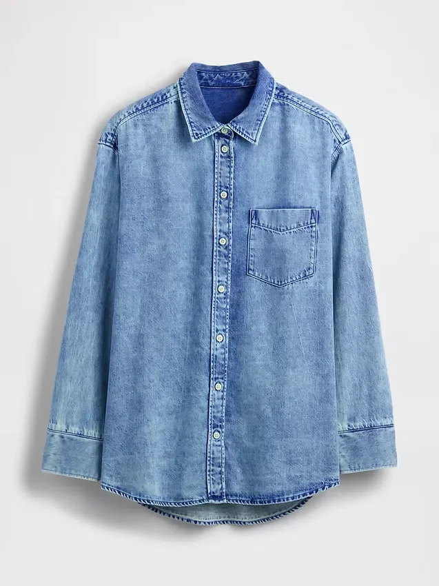 Ultrasoft Denim Oversized Ruched-Sleeve Shirt