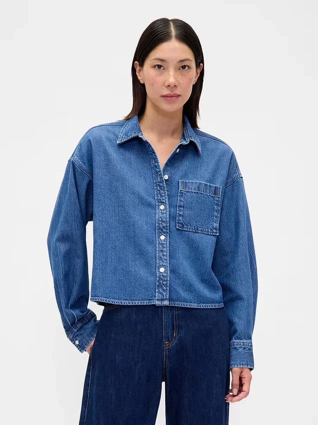Ultrasoft Denim Oversized Straight-Hem Crop Shirt