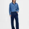 Ultrasoft Denim Oversized Straight-Hem Crop Shirt