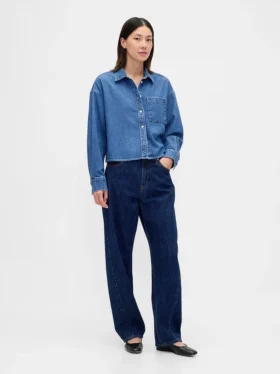 Ultrasoft Denim Oversized Straight-Hem Crop Shirt