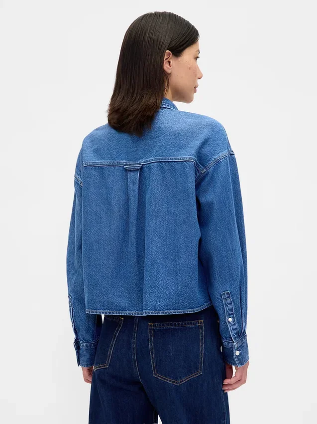 Ultrasoft Denim Oversized Straight-Hem Crop Shirt