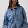 Ultrasoft Denim Oversized Straight-Hem Crop Shirt
