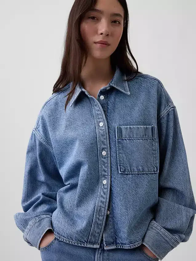 Ultrasoft Denim Oversized Straight-Hem Crop Shirt