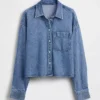 Ultrasoft Denim Oversized Straight-Hem Crop Shirt