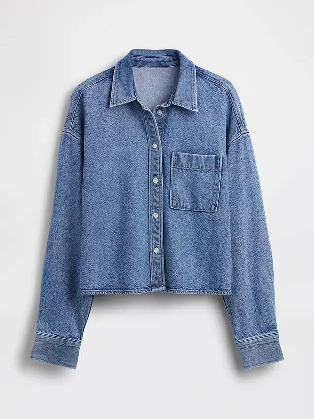 Ultrasoft Denim Oversized Straight-Hem Crop Shirt