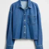 Ultrasoft Denim Oversized Straight-Hem Crop Shirt