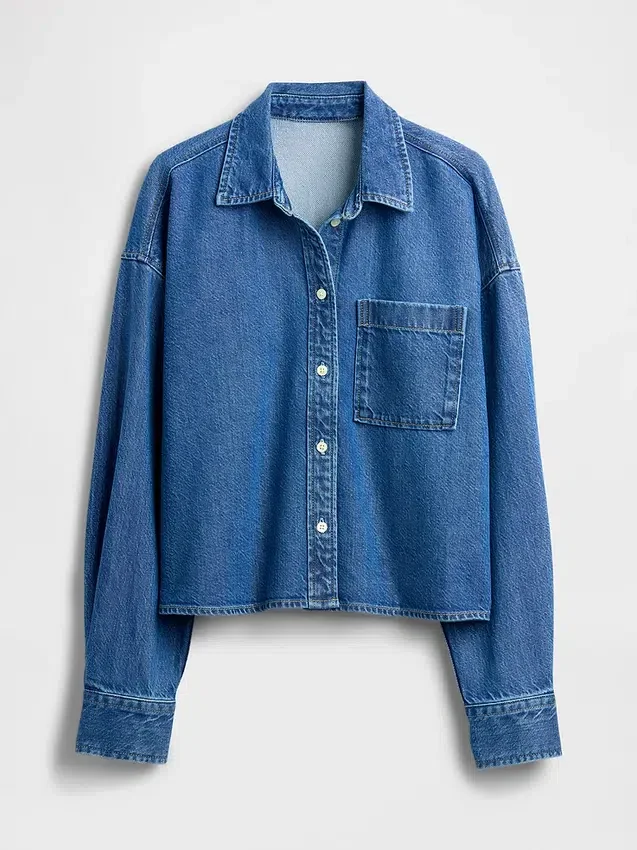 Ultrasoft Denim Oversized Straight-Hem Crop Shirt