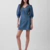 Ultrasoft Denim Puff-Sleeve Mini Dress