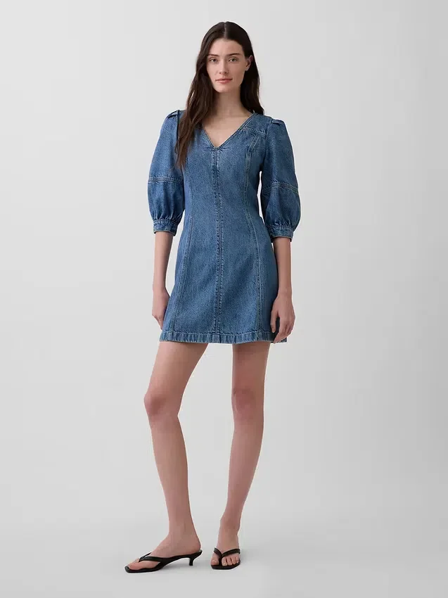 Ultrasoft Denim Puff-Sleeve Mini Dress
