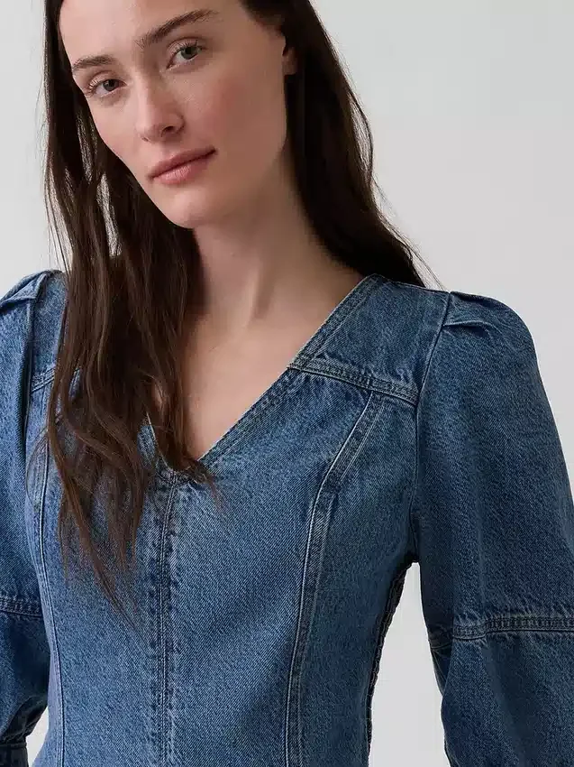 Ultrasoft Denim Puff-Sleeve Mini Dress