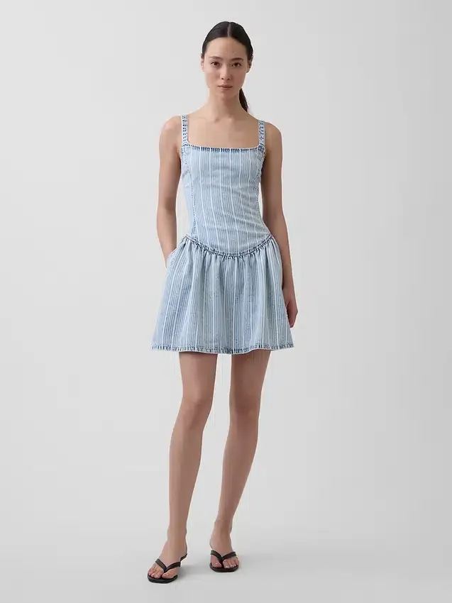 Ultrasoft Denim Stripe Drop-Waist Mini Dress