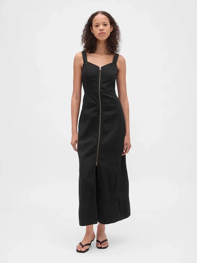 Ultrasoft Denim Zip-Front Maxi Dress