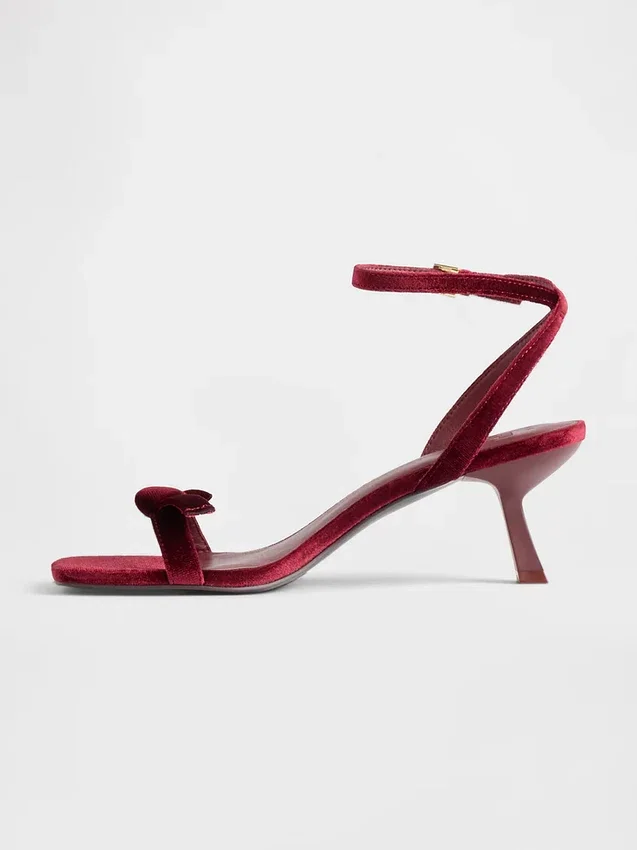 Velvet Bow Open-Toe Strappy Kitten Heels